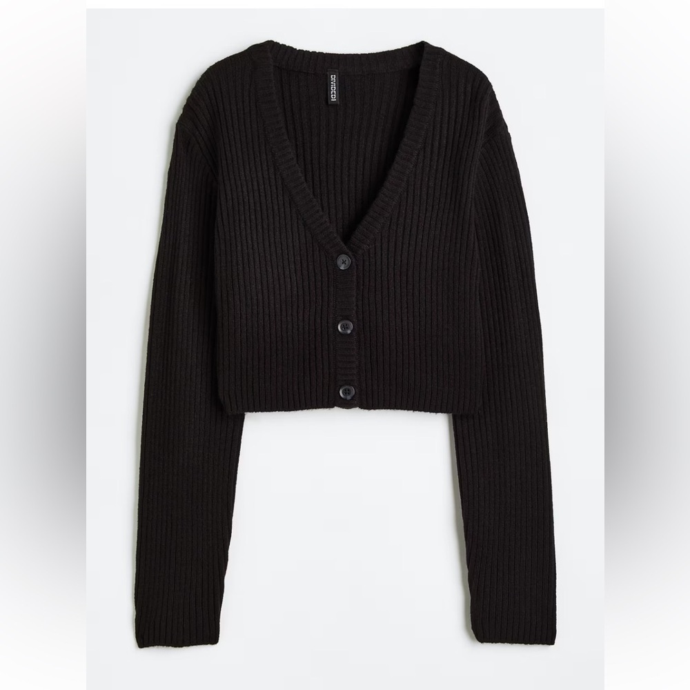 H&M Black Ribbed V-Neck Cropped Cardigan size small